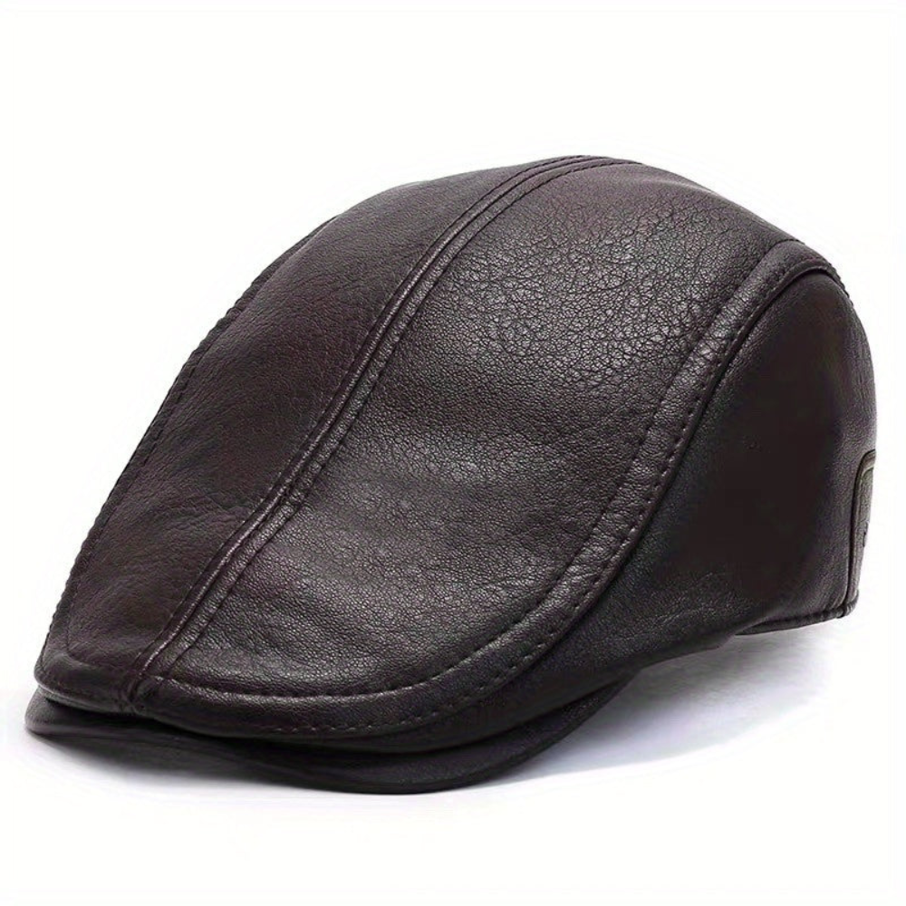 Men's faux-leather flat cap, Black/Brown