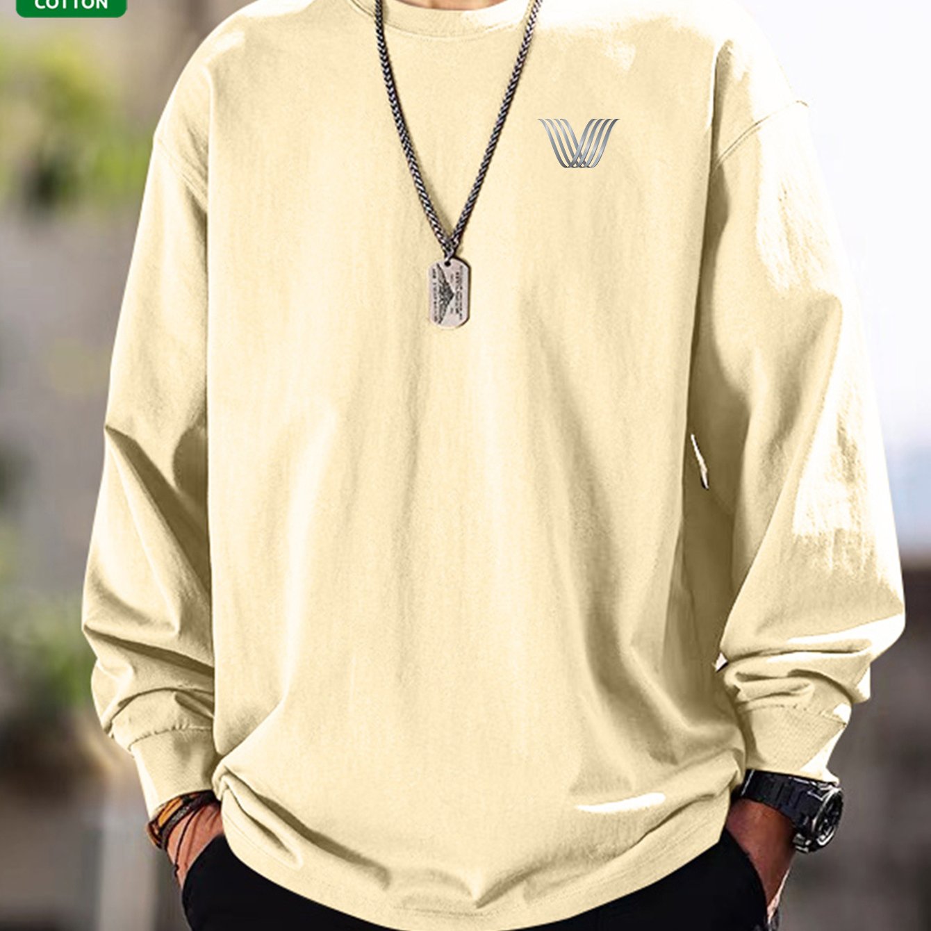 Men's long-sleeve crew-neck casual T-shirt, solid color with logo