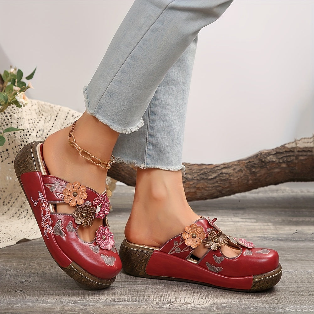 Women's Comfortable Wedge Heel Clogs with Flower Appliqué – Casual Boho Slip-On Shoes