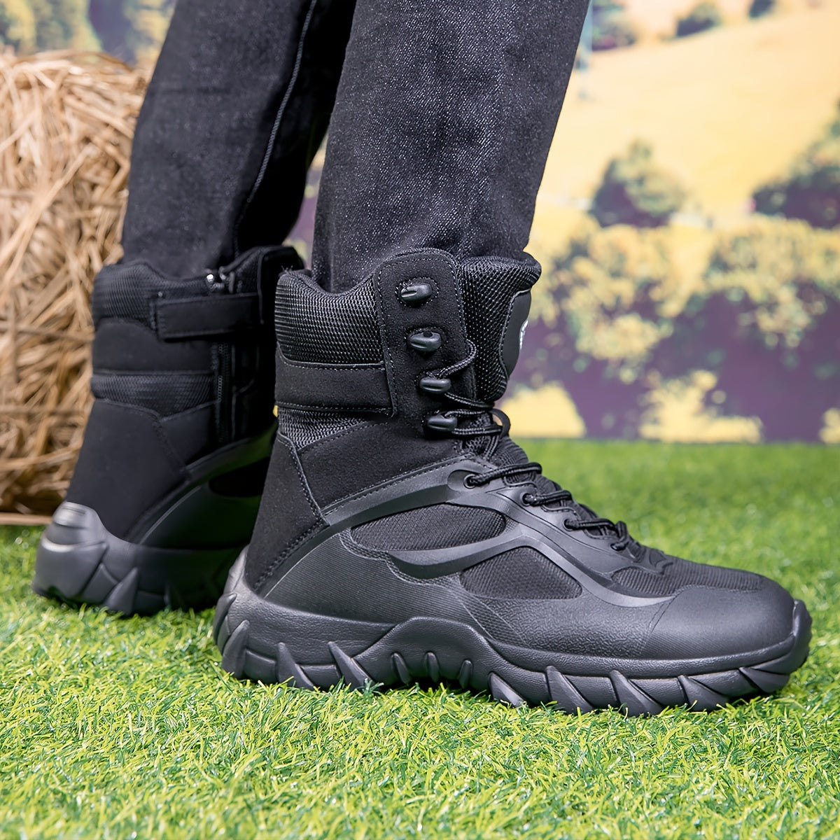 Sturdy black men's hiking boots with laces and a lugged sole