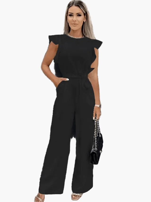 Damen Jumpsuit Elegant mit Volantärmeln und Taillengürtel – Modischer Einteiler für Büro, Freizeit & Ausgehen
