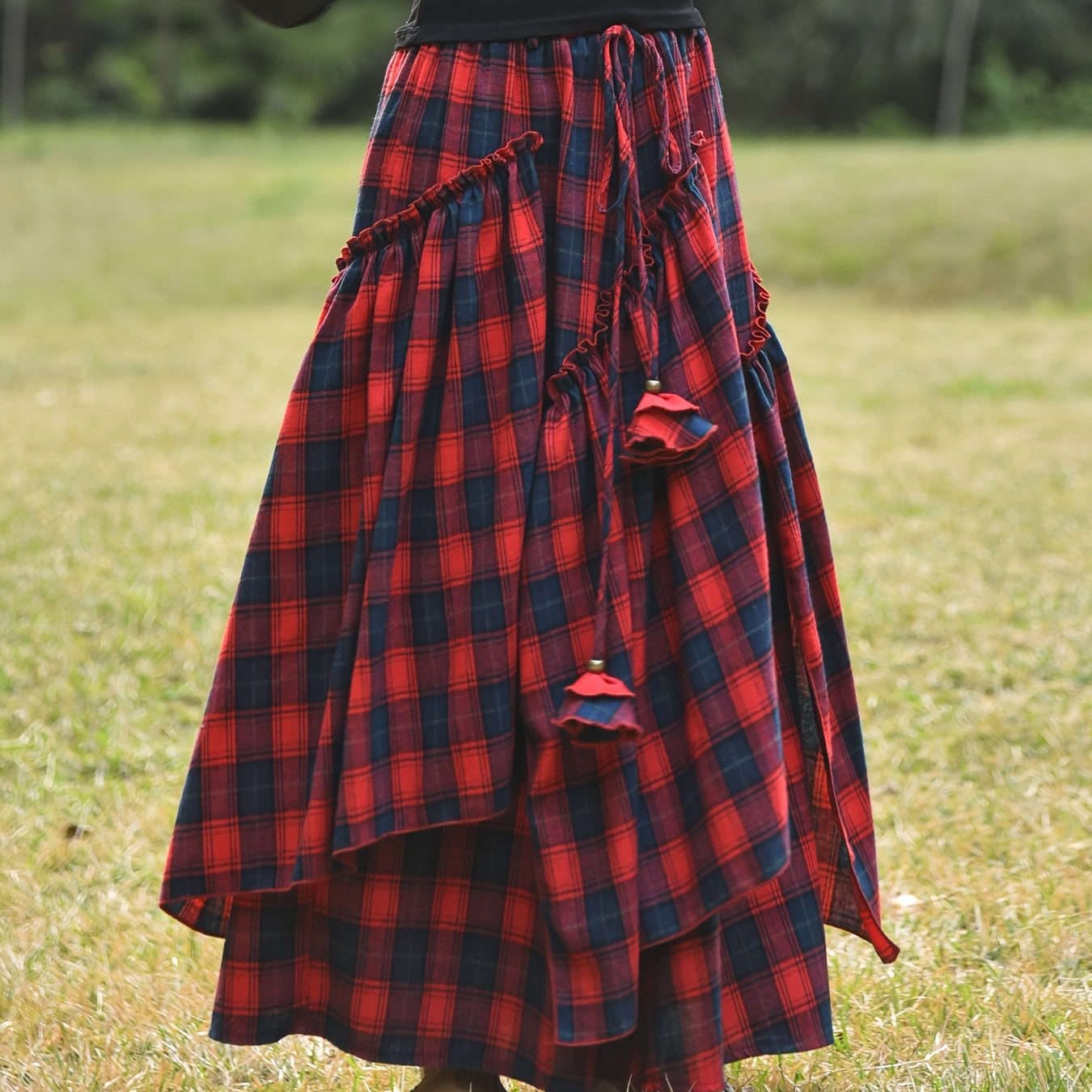 Damen Maxirock Plaid Schottenkaro Asymmetrisch Grün