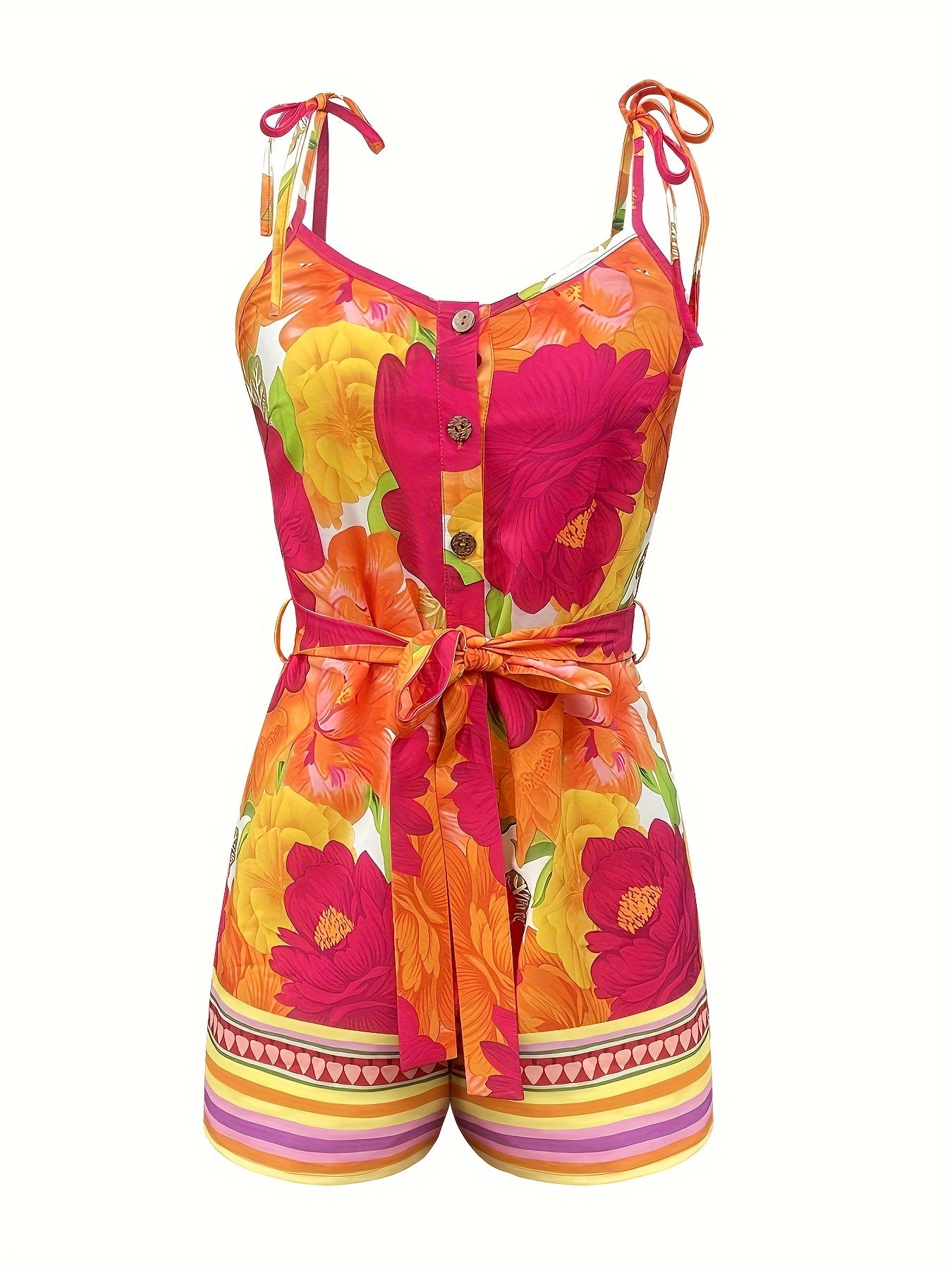 Women's summer jumpsuit with belt and tropical print – elegant casual romper for vacation & everyday wear