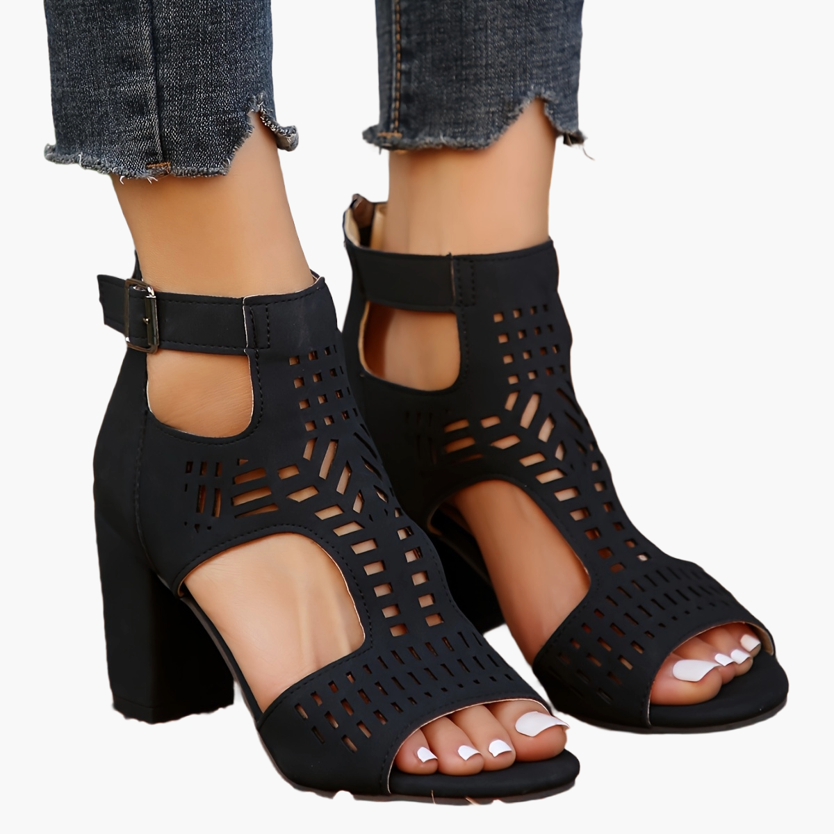 Women's high heel sandals with block heel and cut-out design – fashionable casual shoes for any occasion