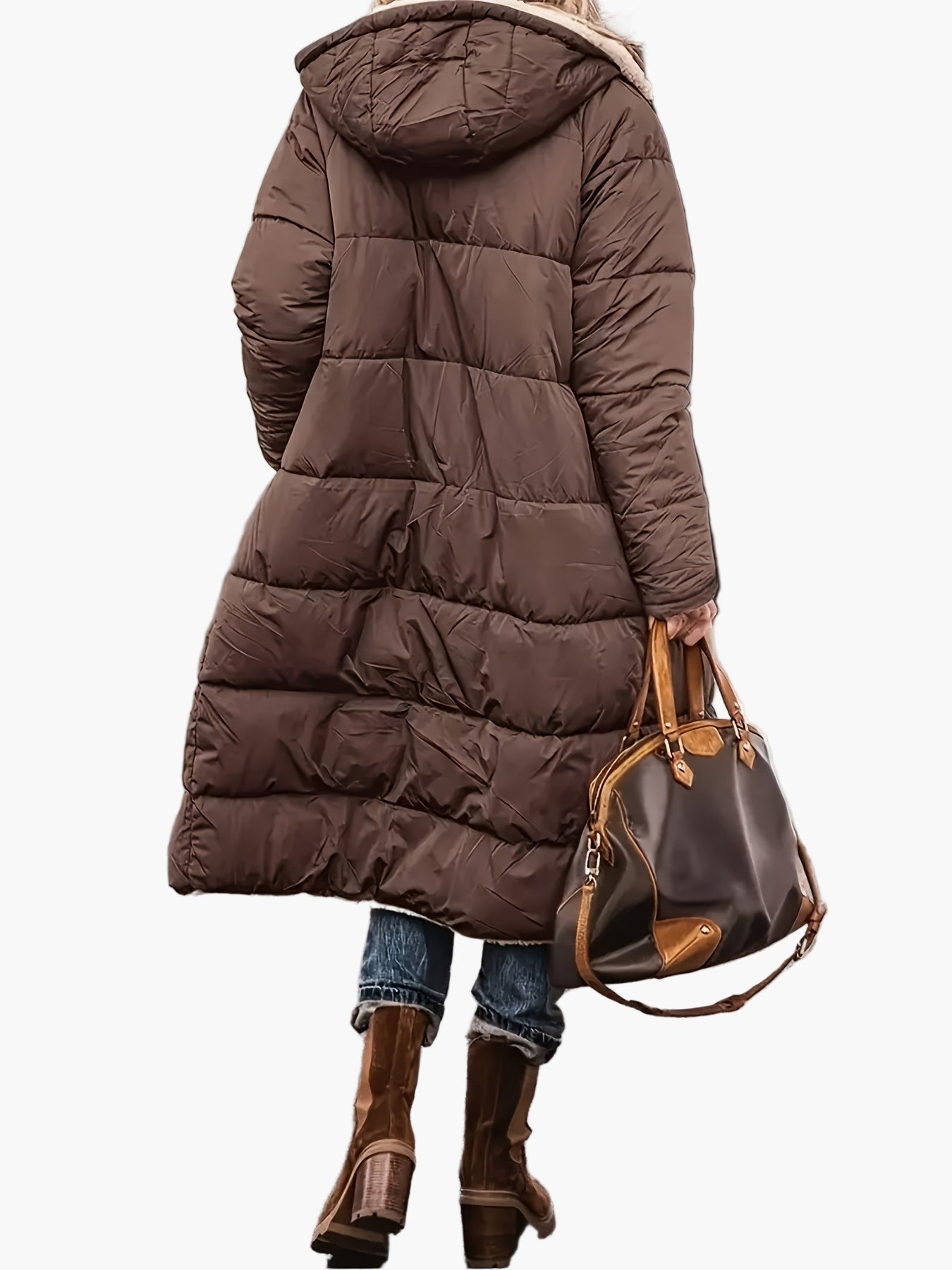 Women's Long Quilted Jacket with Hood and Teddy Lining – Fashionable Winter Coat for Leisure and Travel
