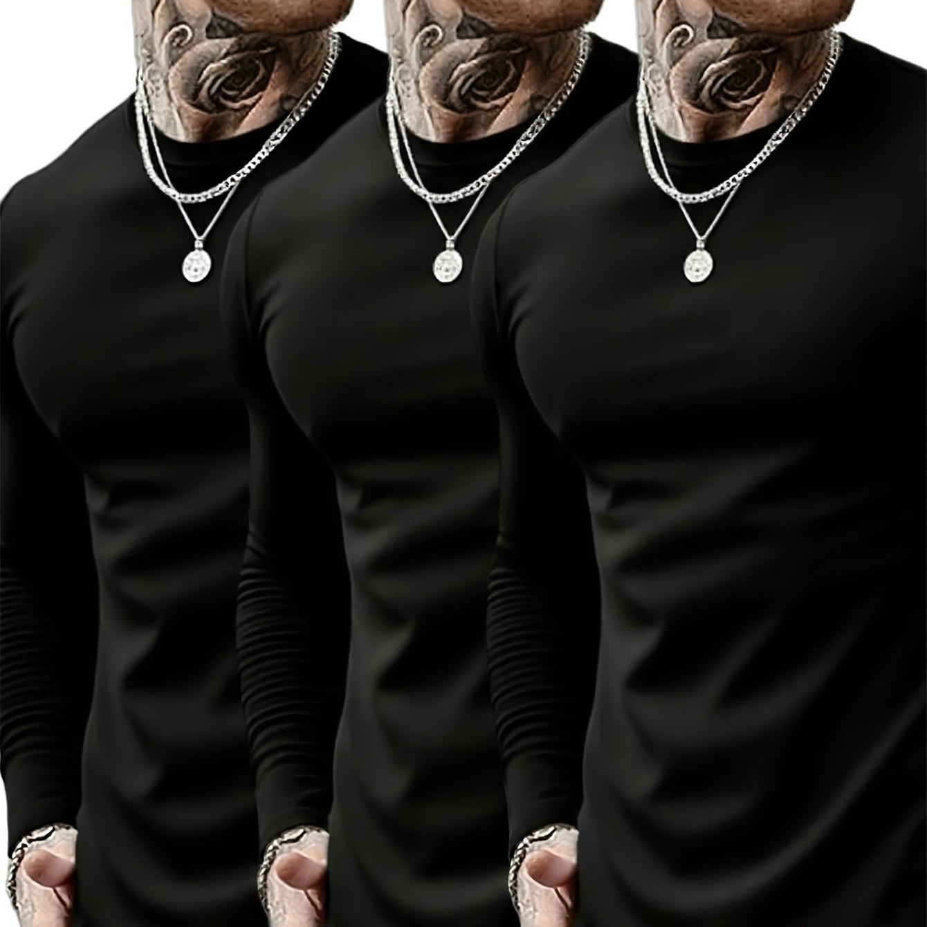 Herren Langarmshirt Rundhals 3er-Pack in Schwarz, Grau und Weiß