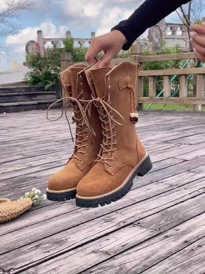 Damen Schnürstiefel Stiefeletten Hellbraun Mittelhoch Profillaufsohle