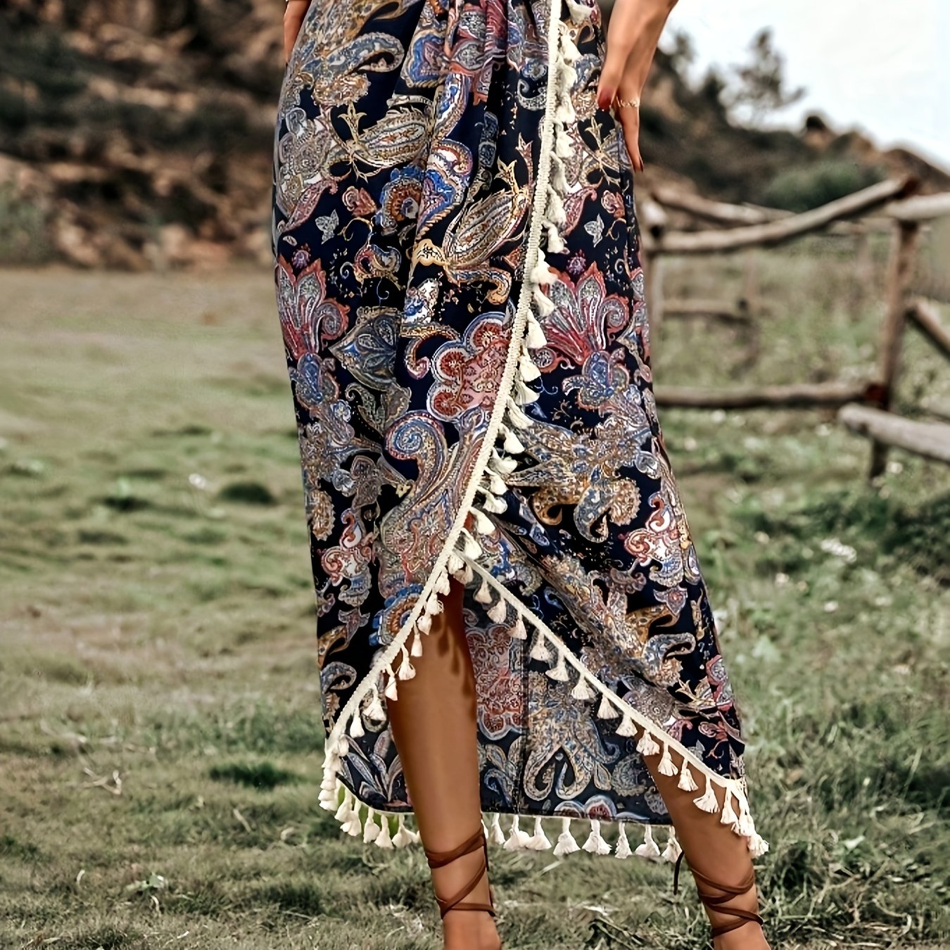 Women's Boho Wrap Midi Skirt with Paisley Pattern and Tassels – Summer Festival Style
