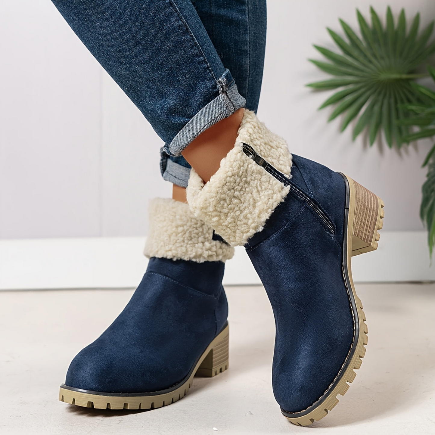 Women’s short winter boots with warm lining, buckle, and heel