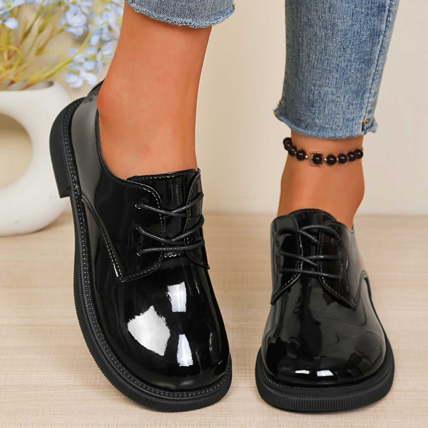 Damen Lack Derby Schnürschuhe mit Profilsohle
