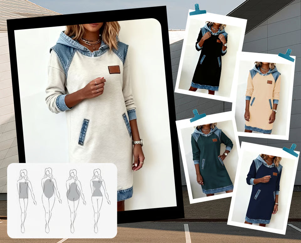 Women's hoodie dress in casual style with denim details – perfect for everyday & leisure