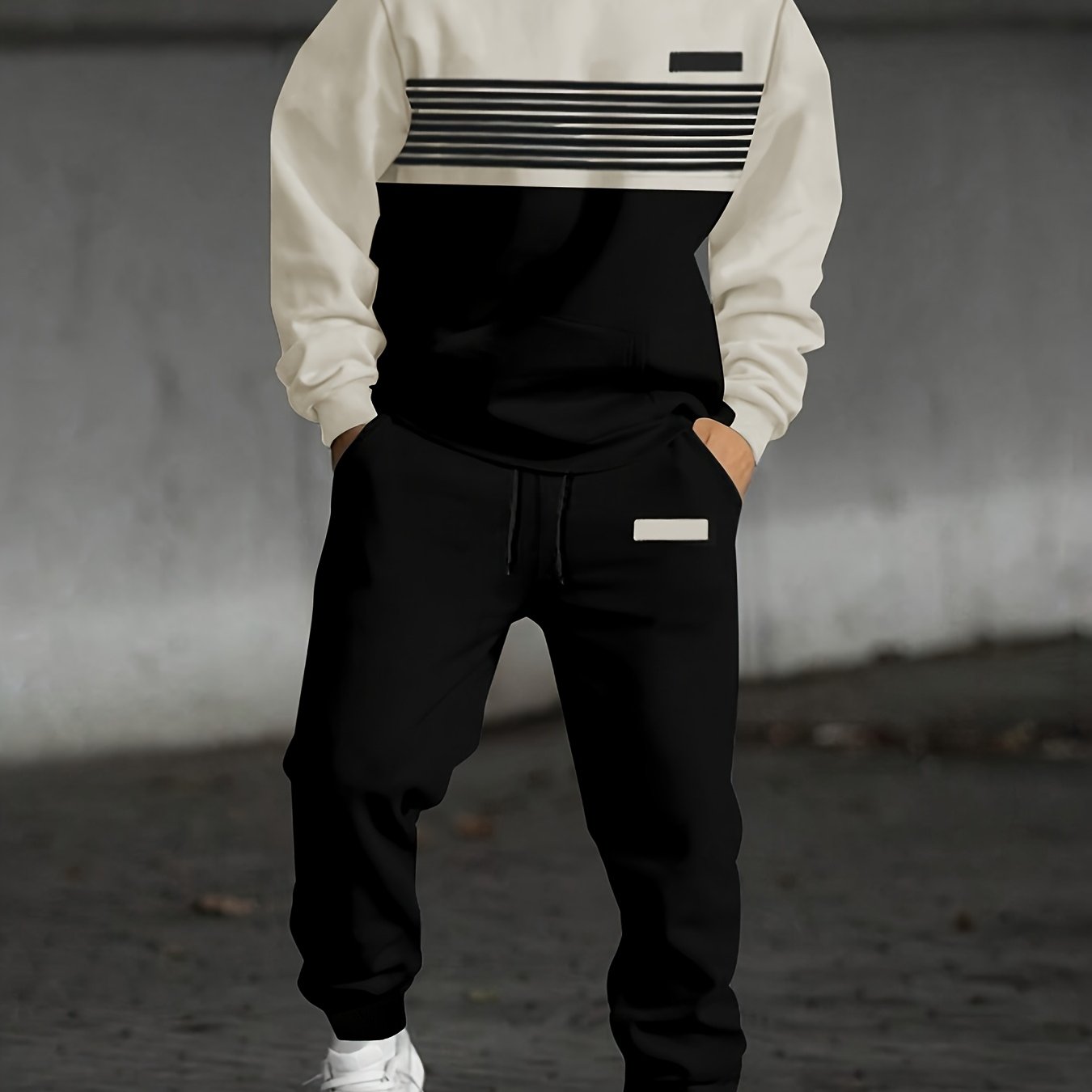 Men's two-piece tracksuit with hoodie and pants, striped color-block design