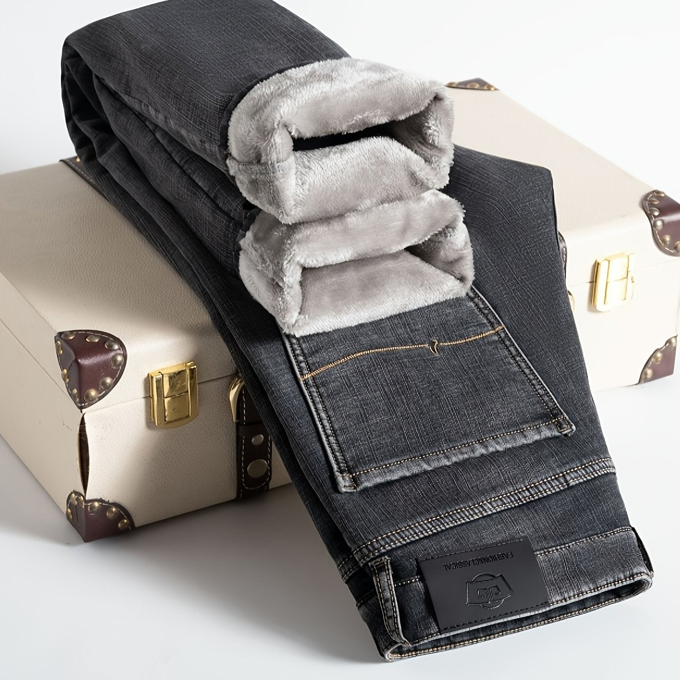 Herren Winter Jeans Thermojeans gefüttert gerade Schnitt mit Fleecefutter Blau Grau