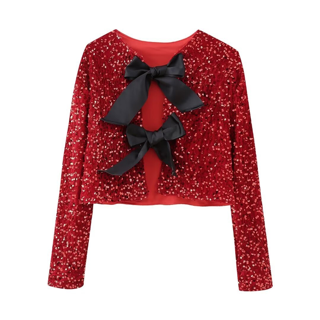 Amelia – Versatile short jacket with bow decoration and sequins