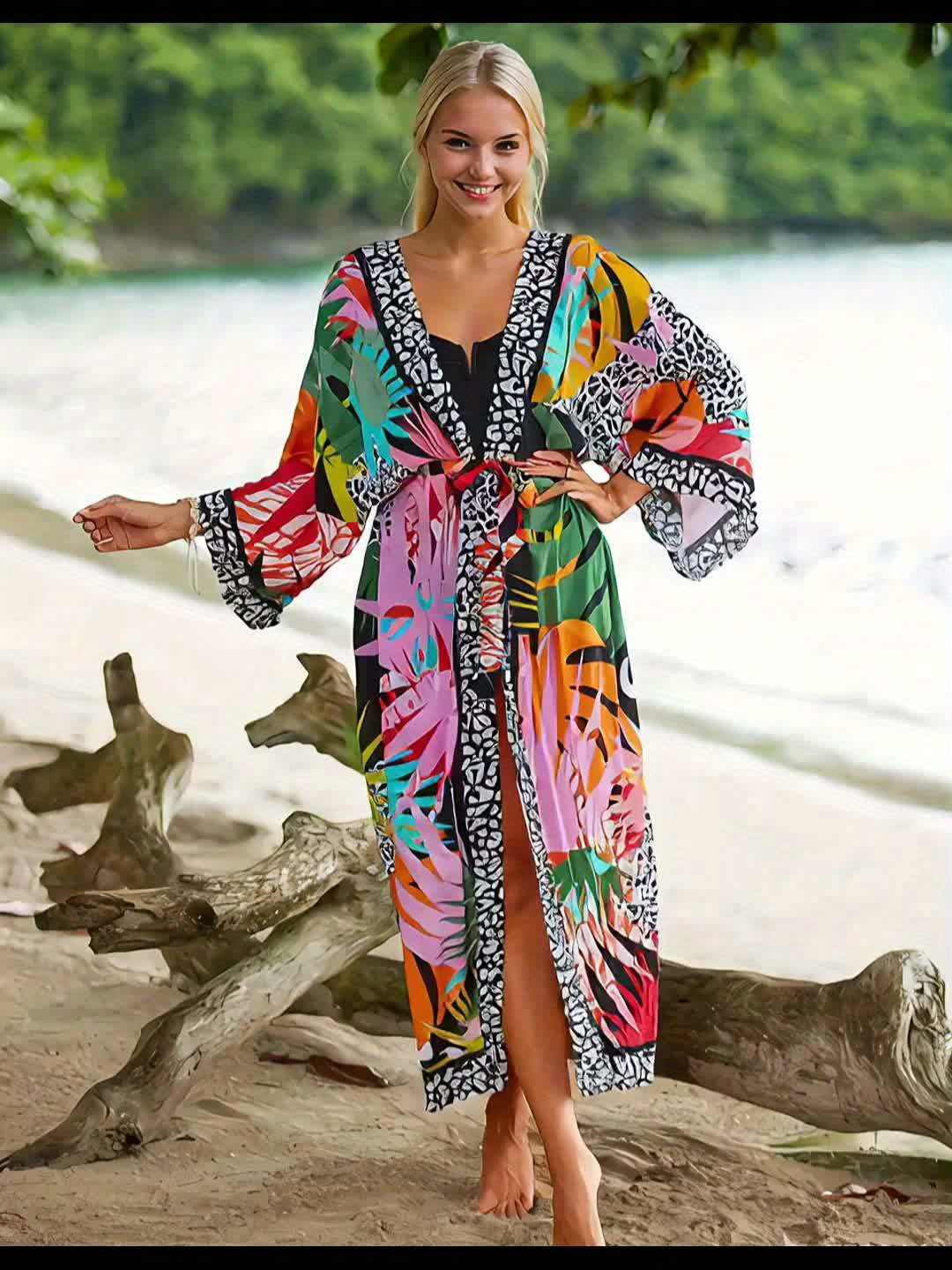 Women's Long Beach Kimono with Tropical Print and Animal Details – Perfect for Vacation & Resort