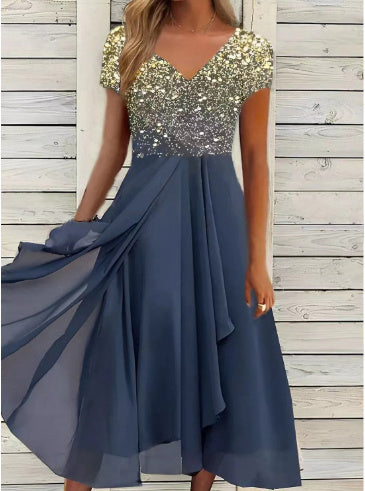 Damen Elegantes Chiffon Midikleid mit Blumenmuster und A-Linie für besondere Anlässe