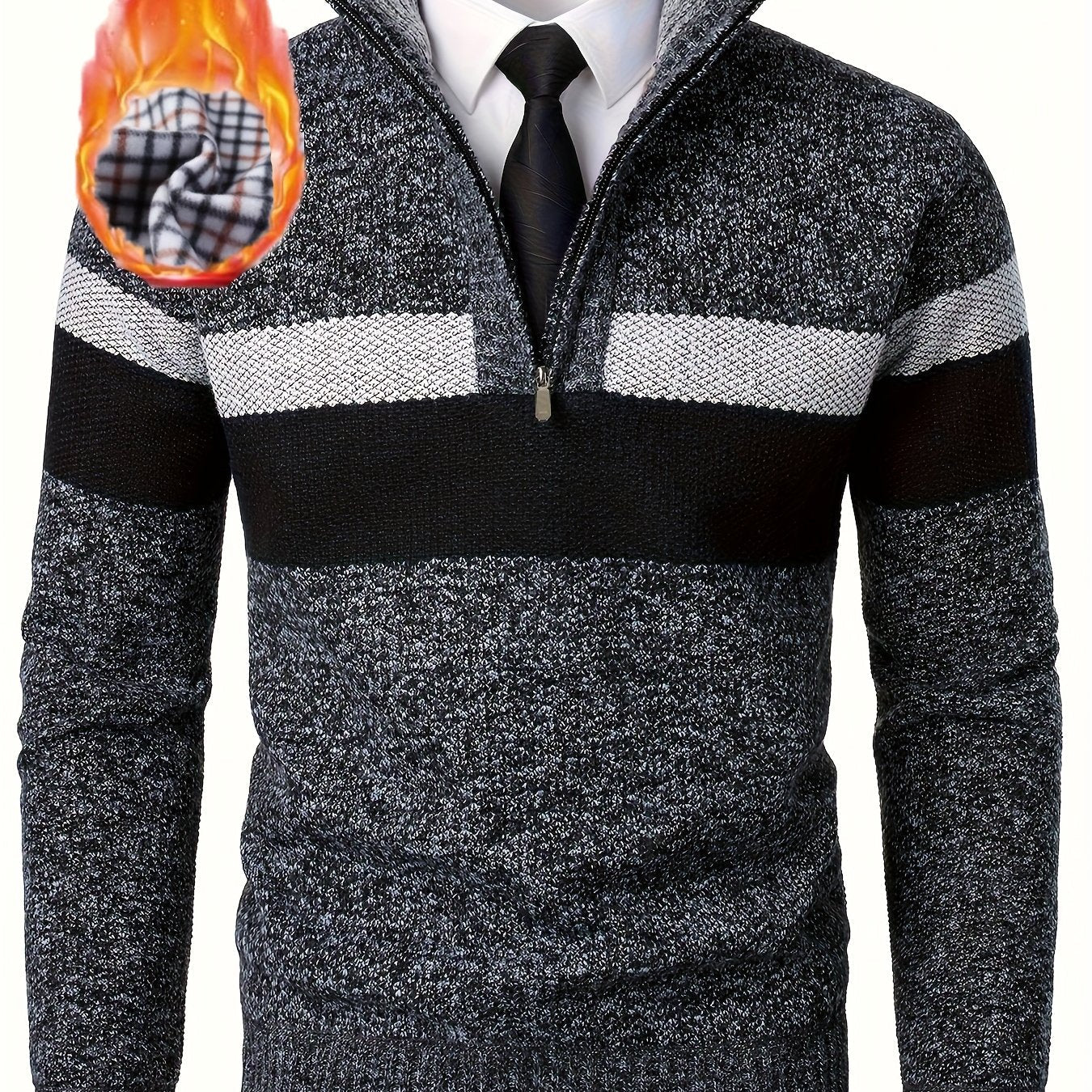 Men's knitted sweater with a stand-up collar and zipper, striped, softly lined inside
