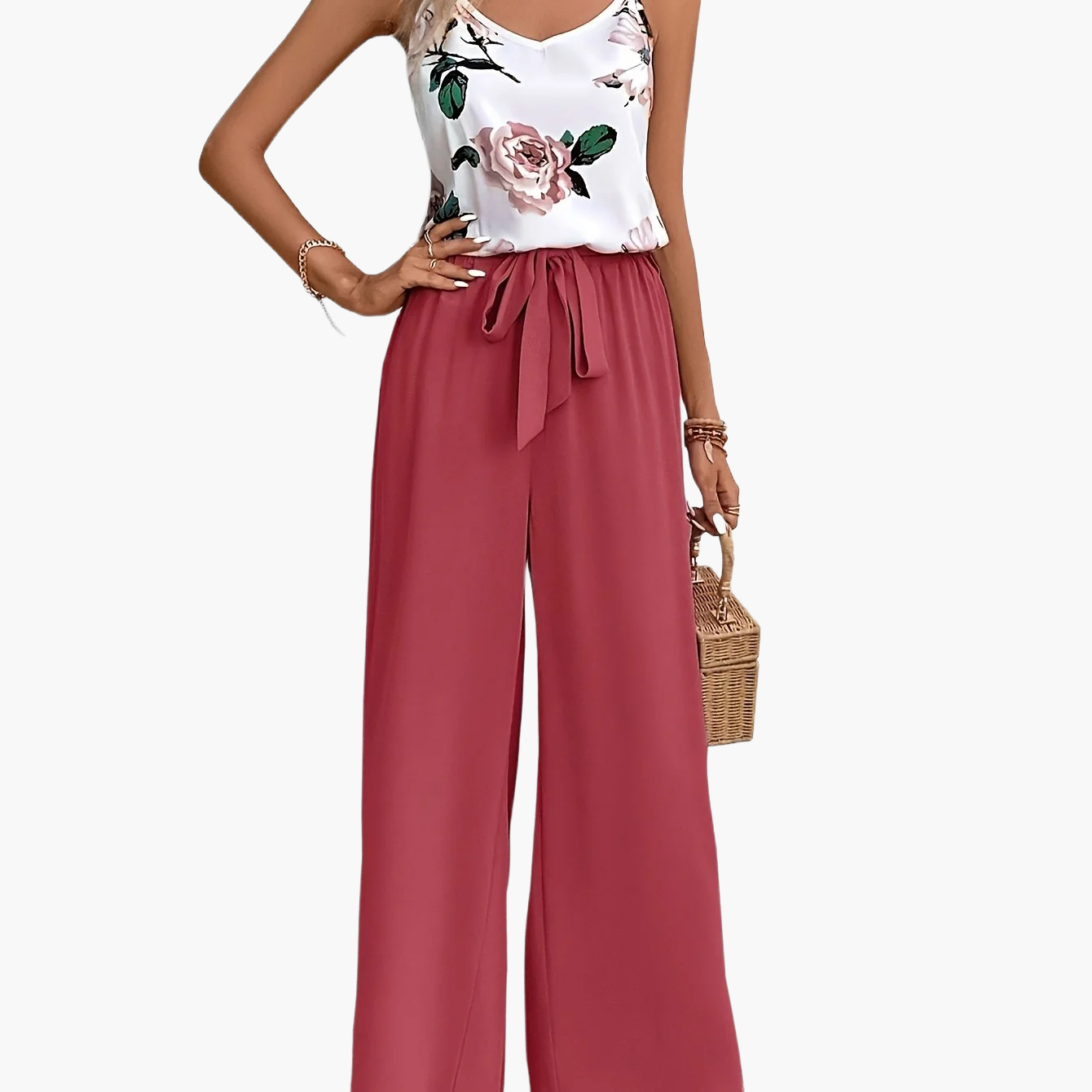 Women's Elegant Jumpsuit with Floral Pattern and Bow Detail for Spring and Summer