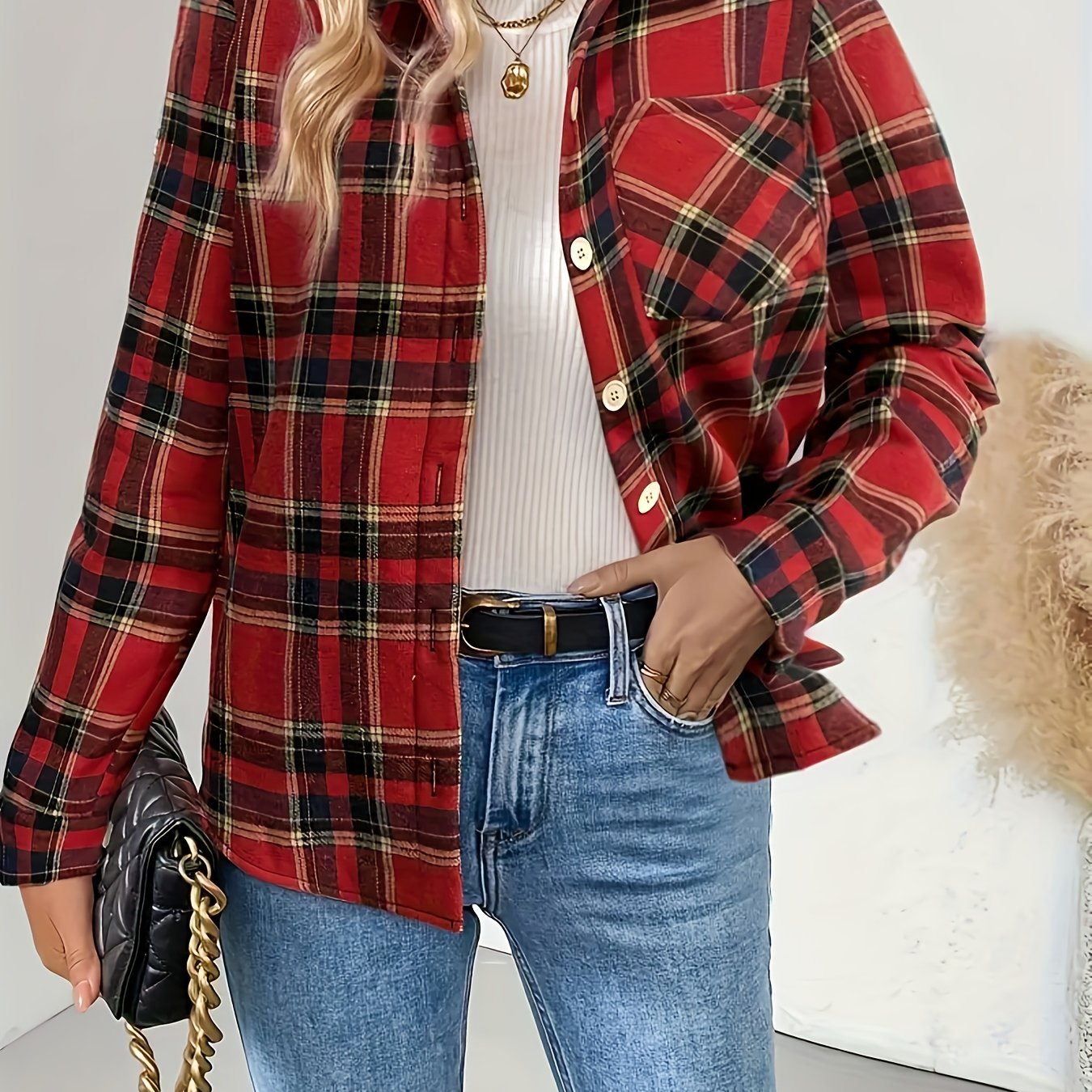 Women's green plaid shirt jacket with warm lining