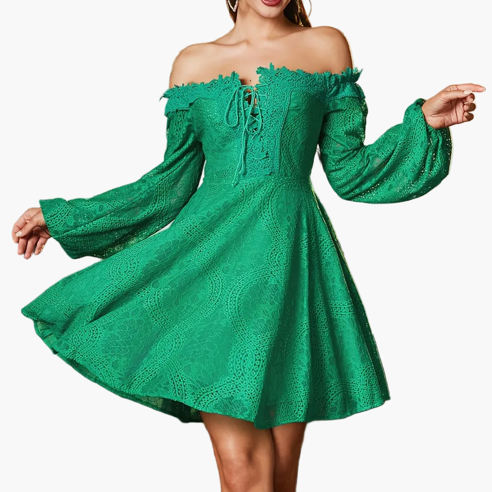 Women's Off-Shoulder Mini Dress Elegant with Lace Sleeves – Perfect for Festive Occasions or Evening Events