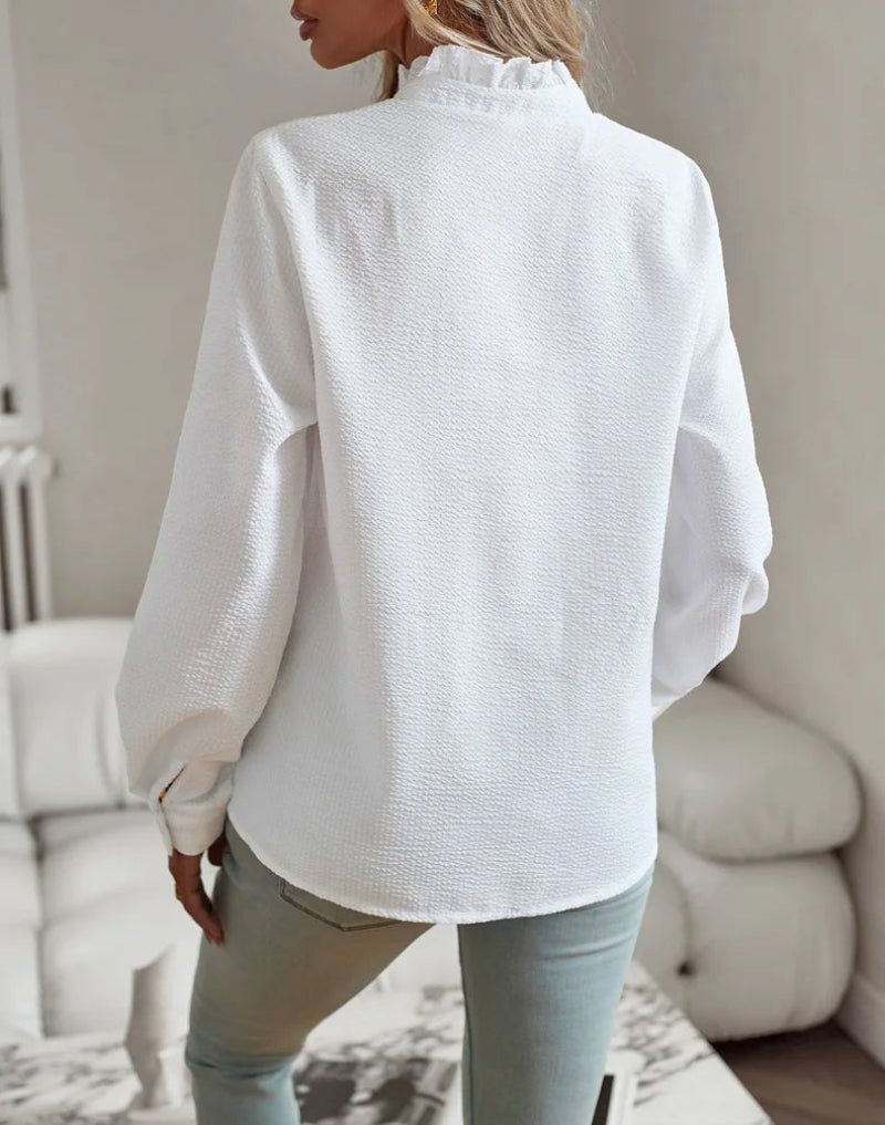 Women's ruffle blouse in elegant business and casual style – fashionable long-sleeve blouse with feminine details