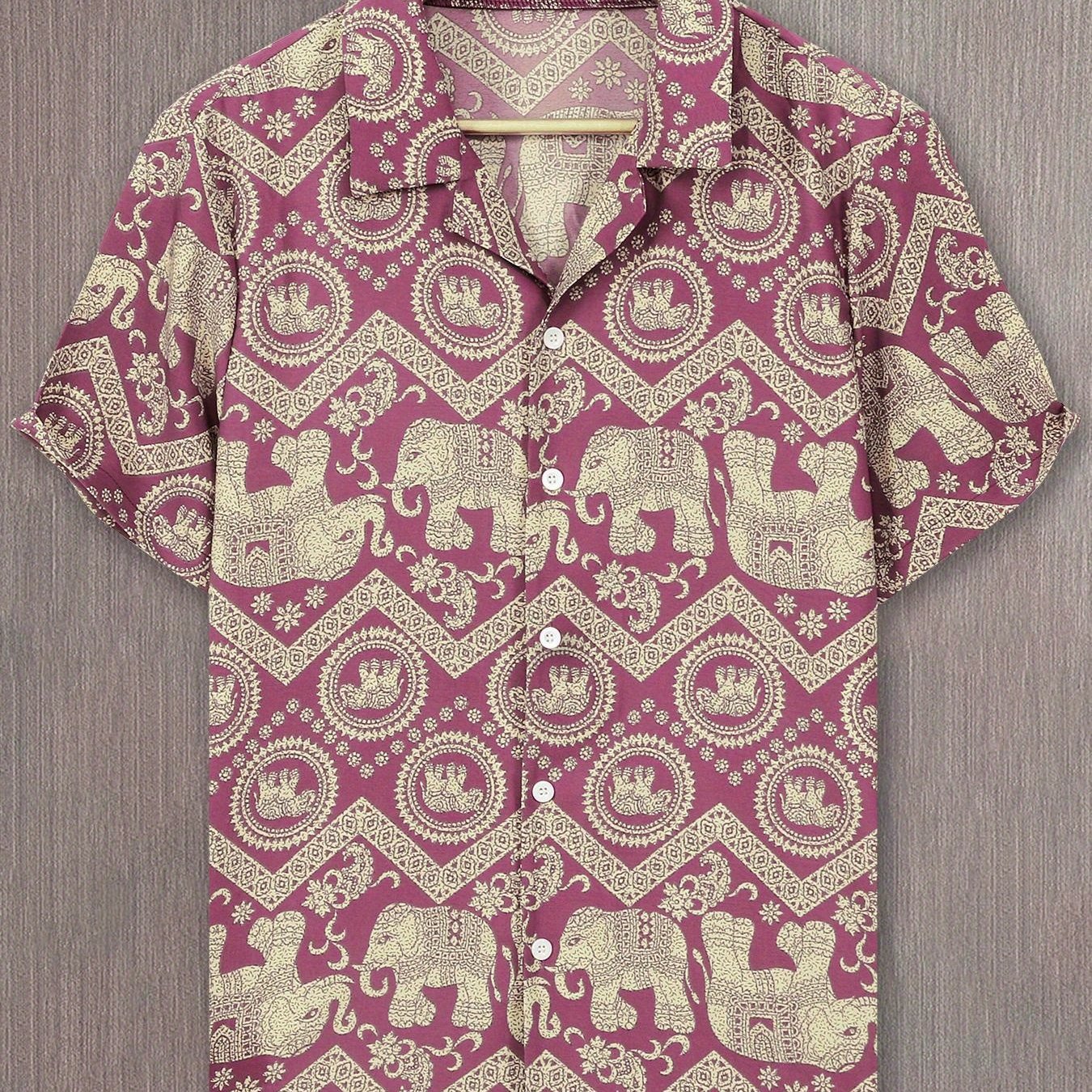 Men's Resort Shirt with Elephant and Mandala Print, Short Sleeve, Casual and Summer Style