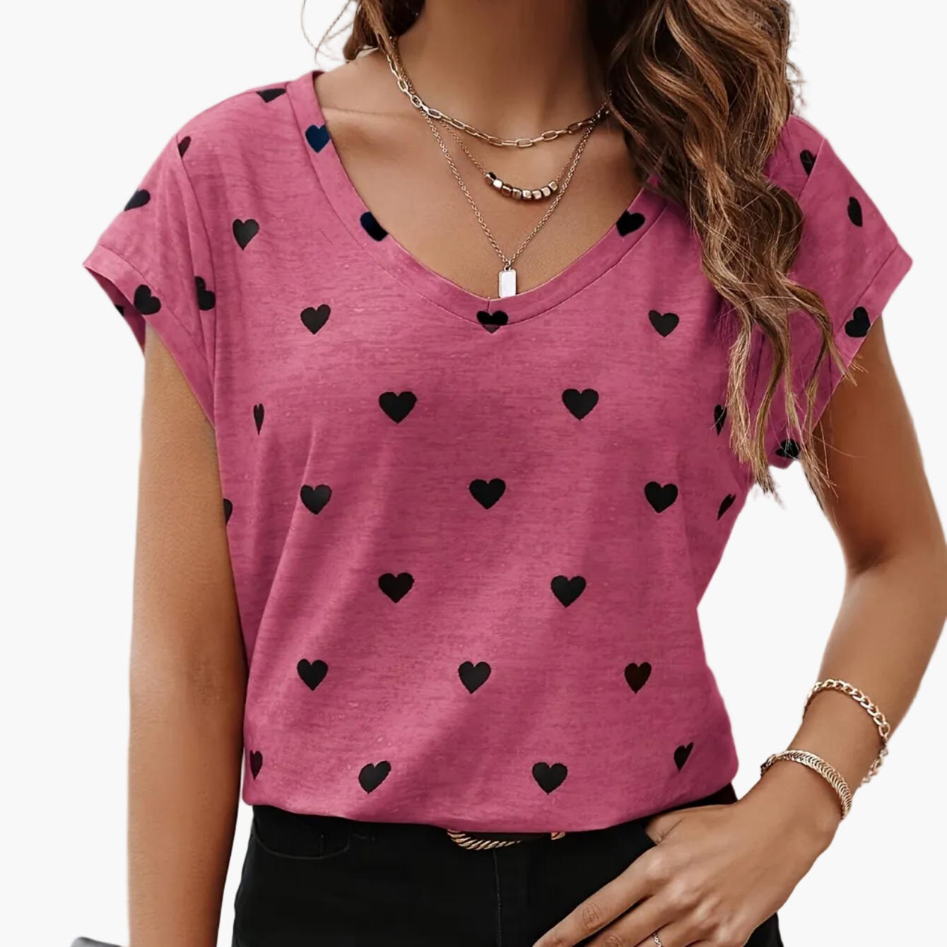 Damen T-Shirt mit Herzmuster, V-Ausschnitt, lässig und elegant für den Sommer