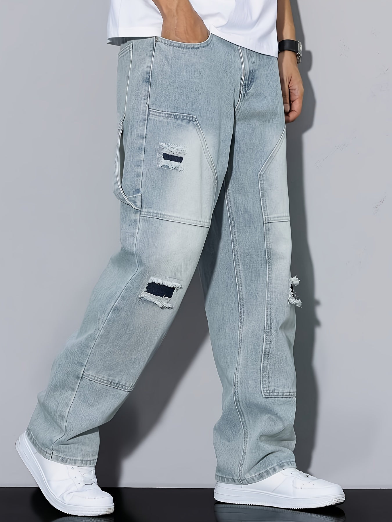 Men's Cargo Jeans in Loose Fit Style with Distressed Design – Trendy Casual Pants
