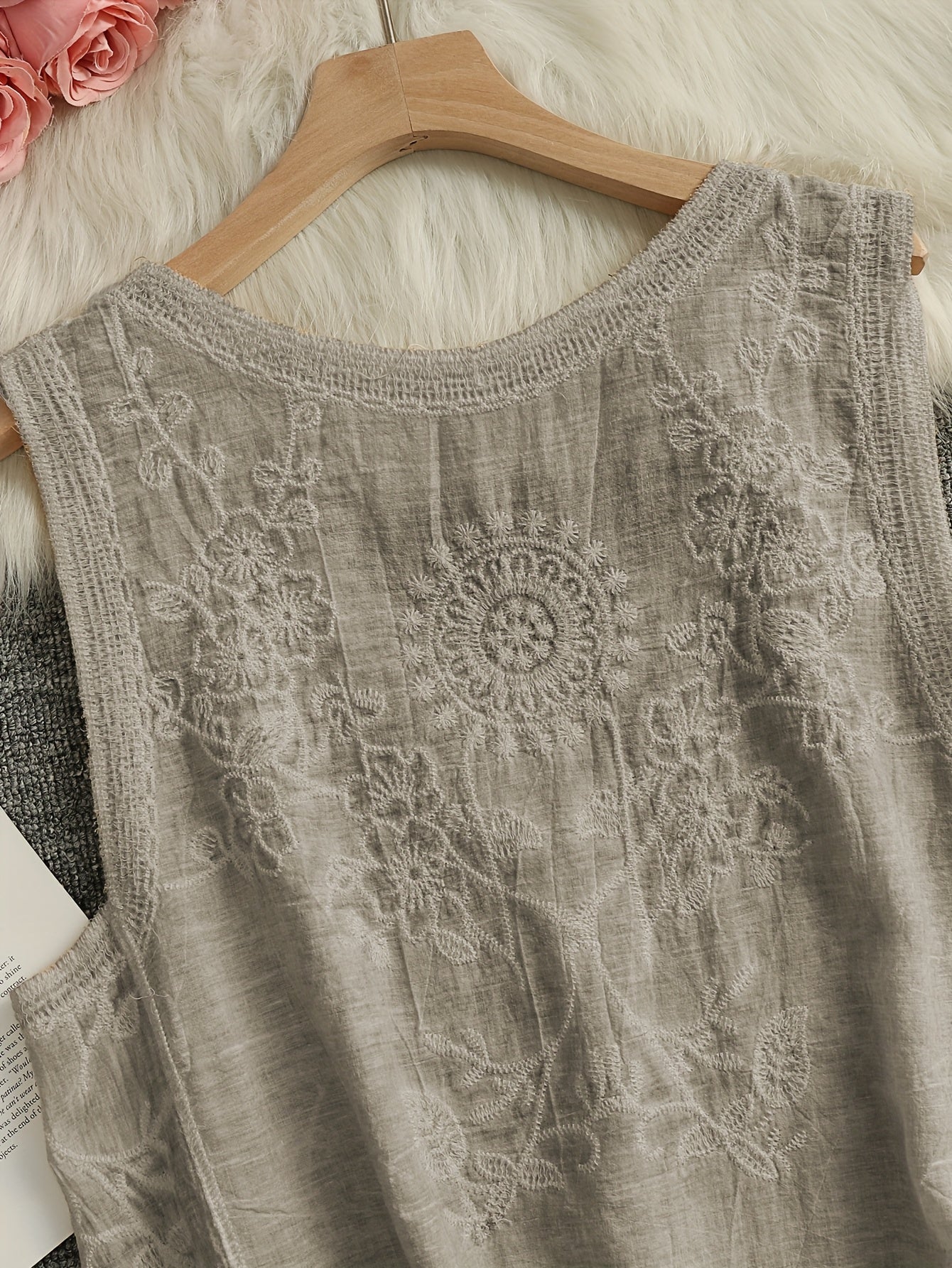 Women's Boho Embroidered Tank Top with Floral Details – Summer Casual Wear