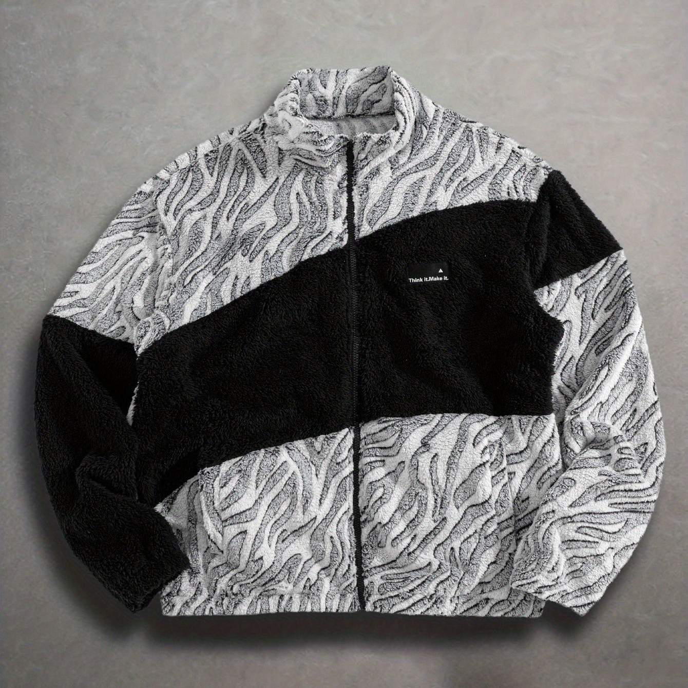 Unisex fleece jacket with stand-up collar, zipper, and animal print