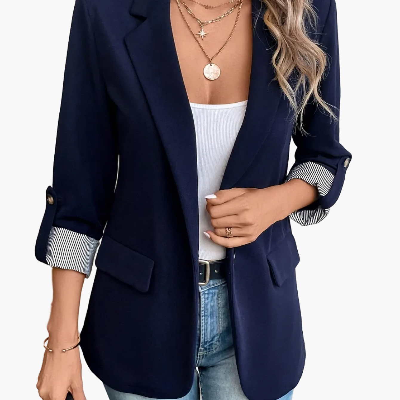 Women's Blazer Elegant Business Casual Jacket with Turn-Up Sleeves