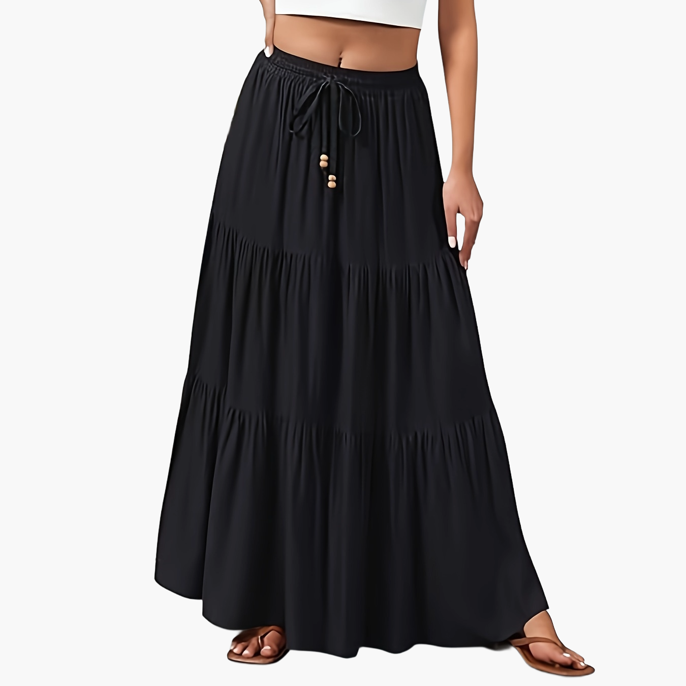 Women's Maxi Tiered Skirt with Drawstring – Boho Summer Casual Skirt for Everyday & Vacation