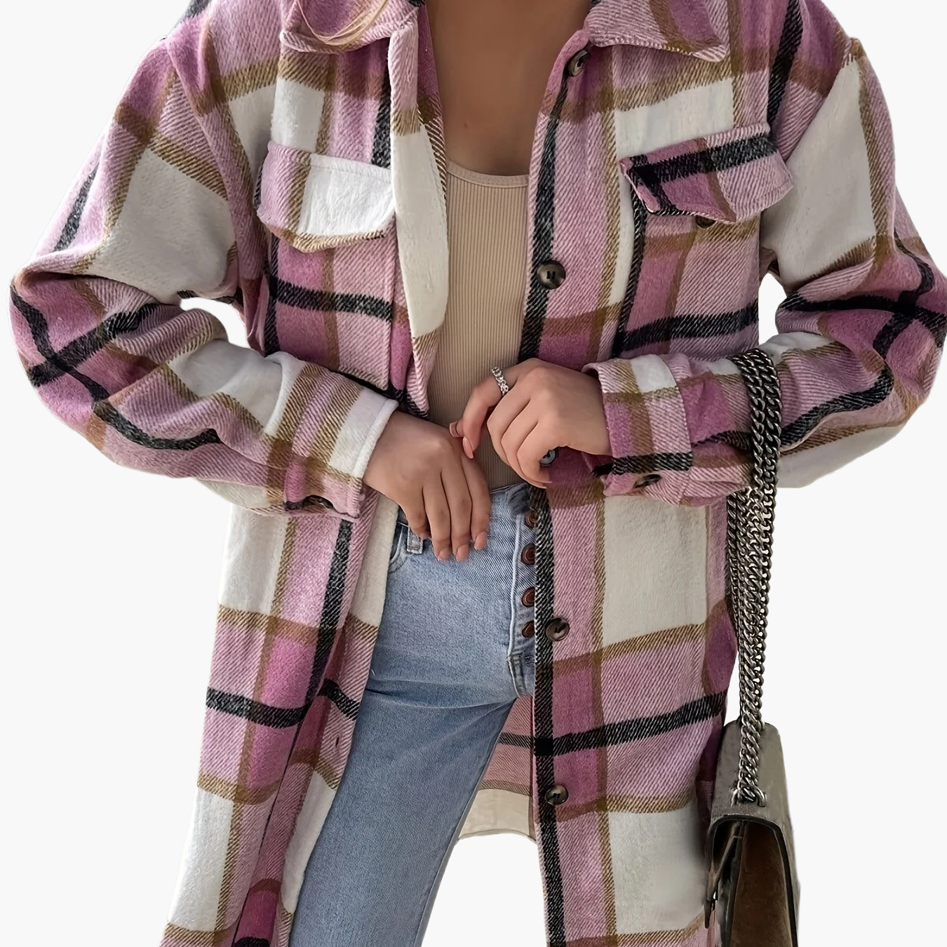 Women's Long Checked Oversize Shacket in Casual Look for Spring and Autumn