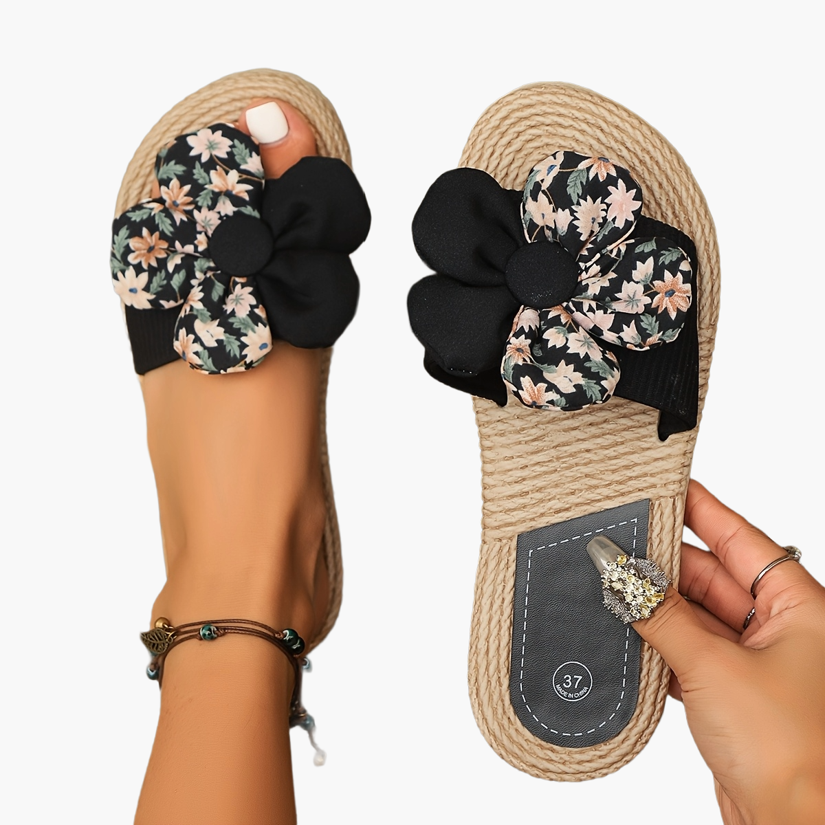 Women's summer slides with large floral bow – fashionable espadrille-style slides for leisure & vacation