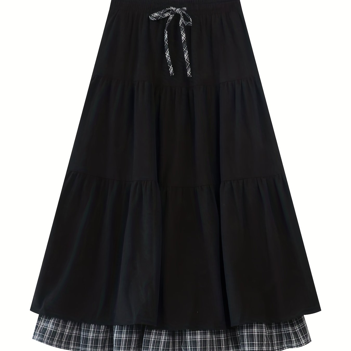 Women's floor-length tiered skirt with a checked underskirt and drawstring