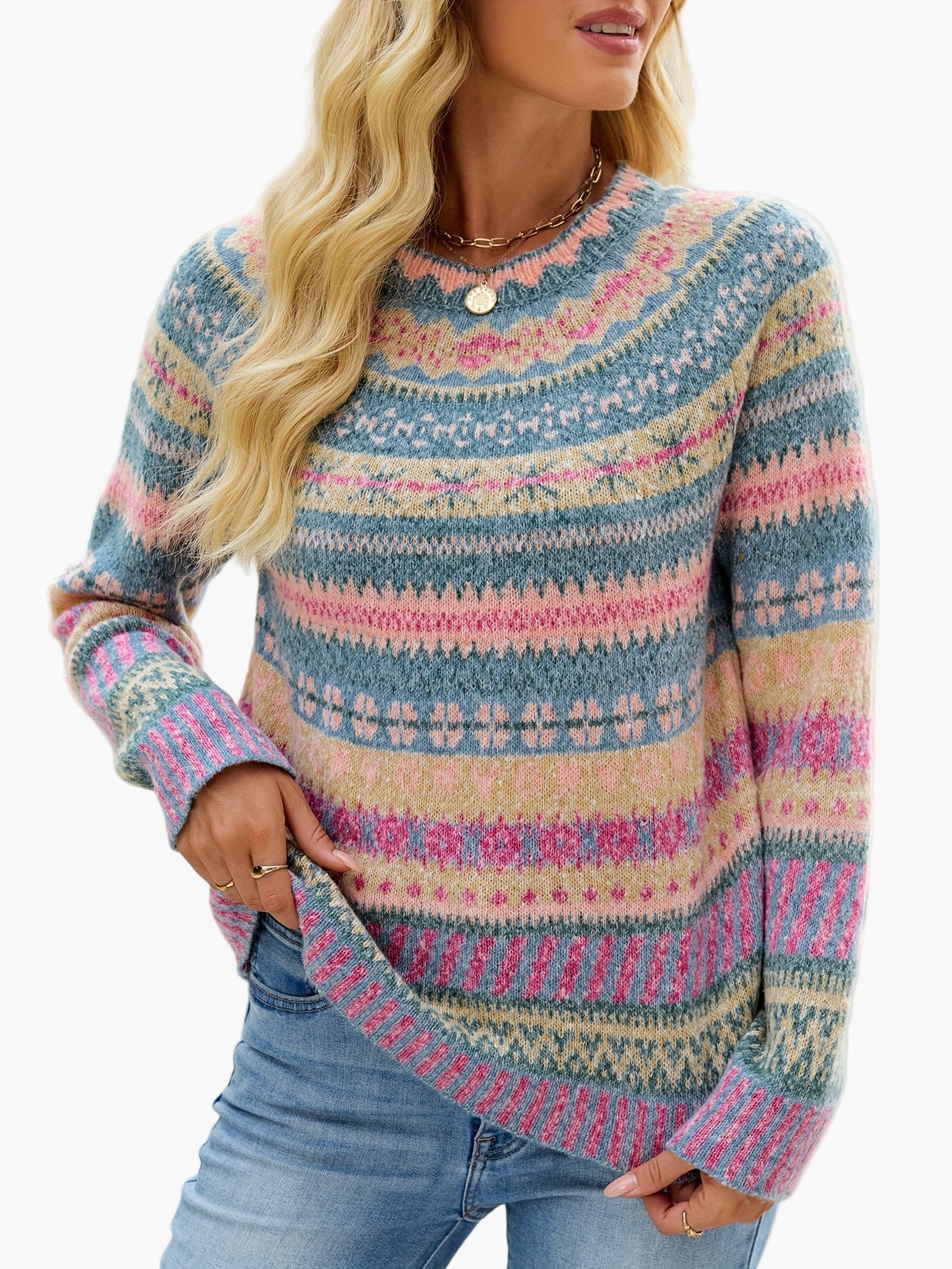 Damen Strickpullover im Norwegerstil – Eleganter Winterpullover mit Muster für Alltag und Freizeit
