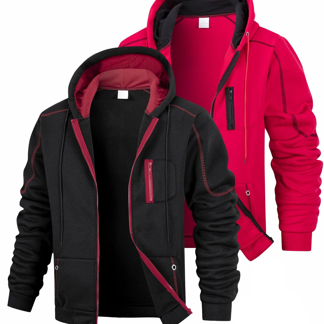 2-Pack Men's Hoodie Jacket Set, Zip-Up Hoodies, Fleece-Lined, Navy Blue, Black, Red