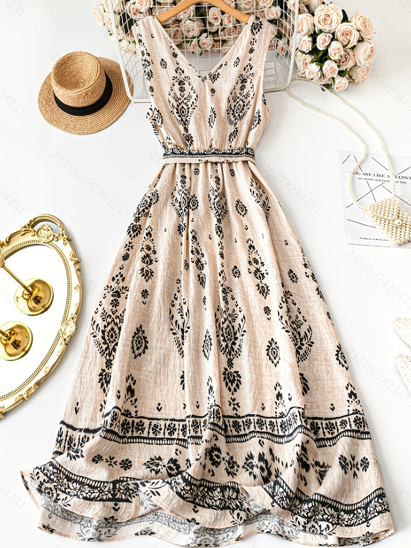 Women's Boho Maxi Dress with Belt and Floral Pattern – Elegant Summer Dress for Leisure and Vacation