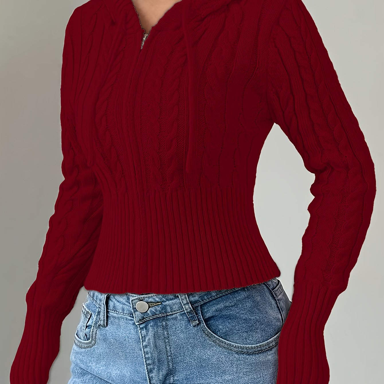 Damen Strickpullover Hoodie Crop Top Zopfmuster Reißverschluss
