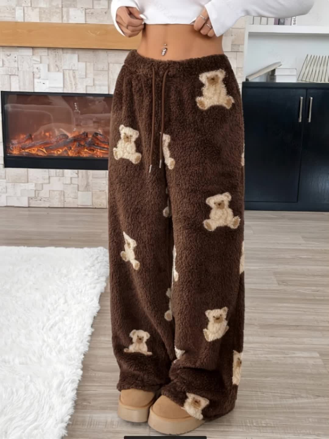 Plush pants, brown teddy bear pattern, wide leg
