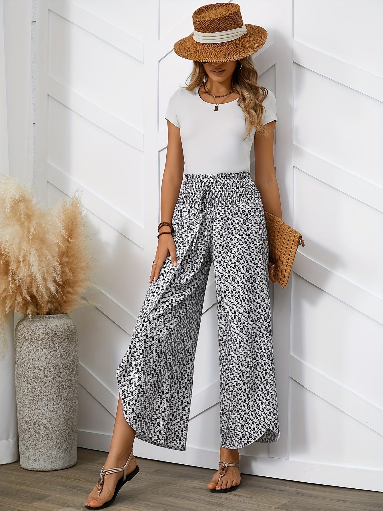 Women's Elegant Wide-Leg Wrap Pants with Geometric Pattern for Spring and Summer