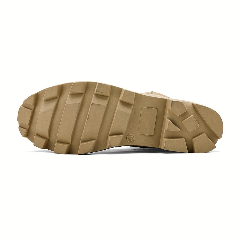Beige men's lace-up boots with a zipper and rugged tread
