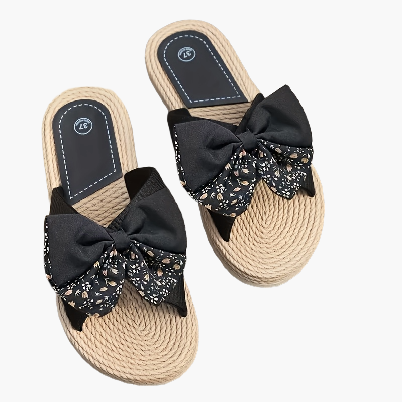 Women's Vintage Summer Slides with Large Bow and Toe Strap – Comfortable Casual Sandals