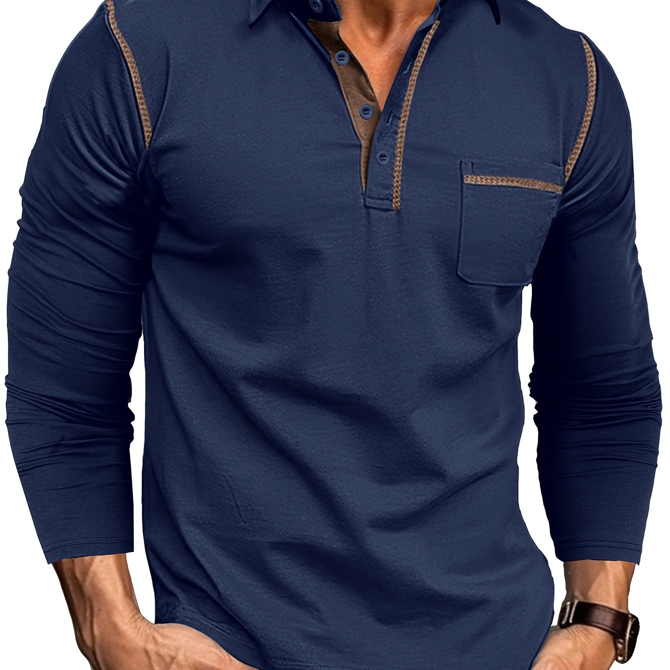 Men's long-sleeve polo shirt with chest pocket and contrast stitching