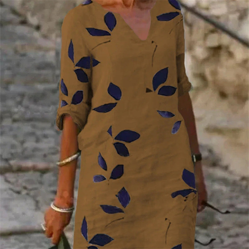 Jasmine – Vintage Kleid mit Blattdruck und halben Ärmeln