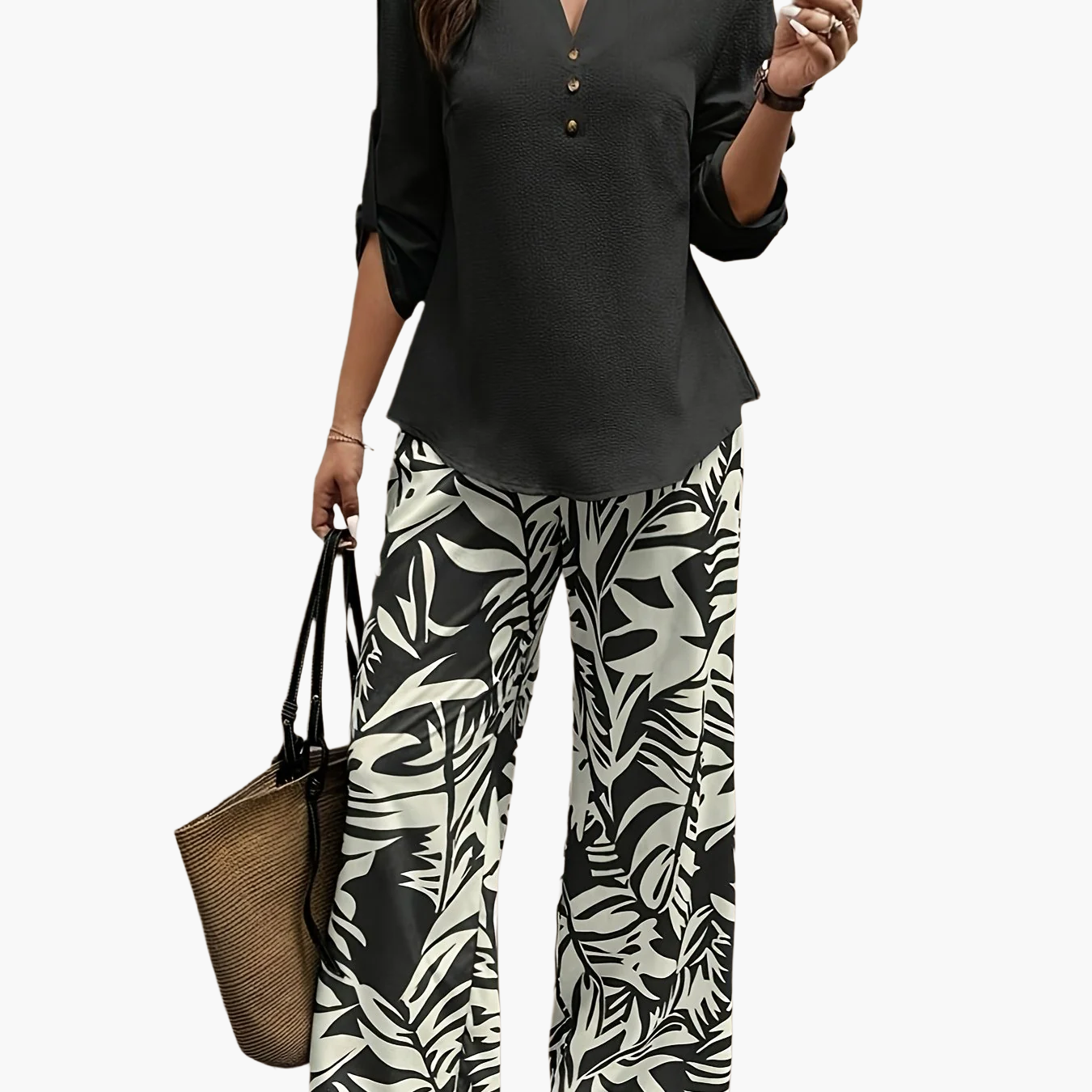 Women's Elegant Set with Tropical Pattern – Wide Pants and Blouse, Perfect for Spring & Summer