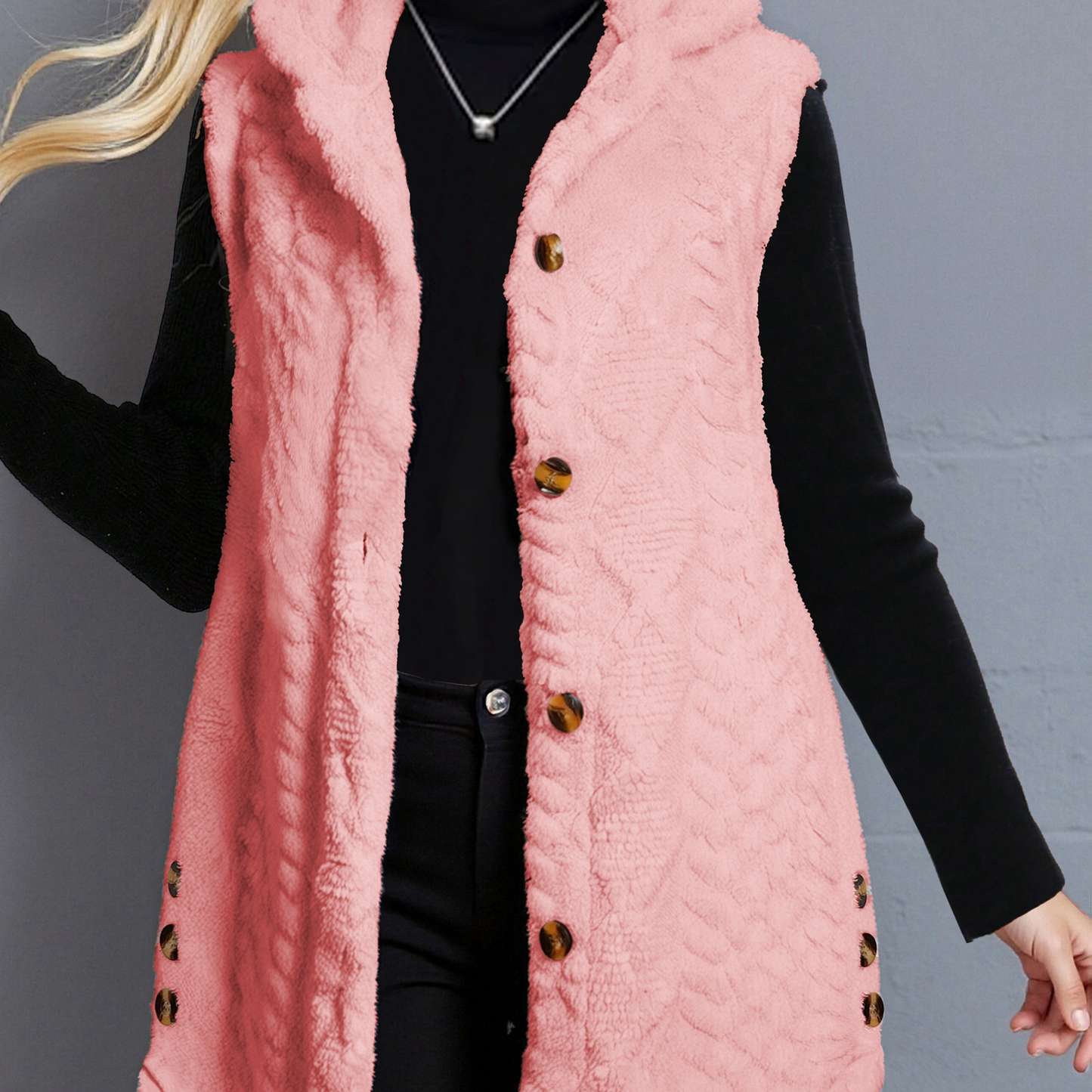 Women's long cream hooded vest with teddy-fur look and buttons