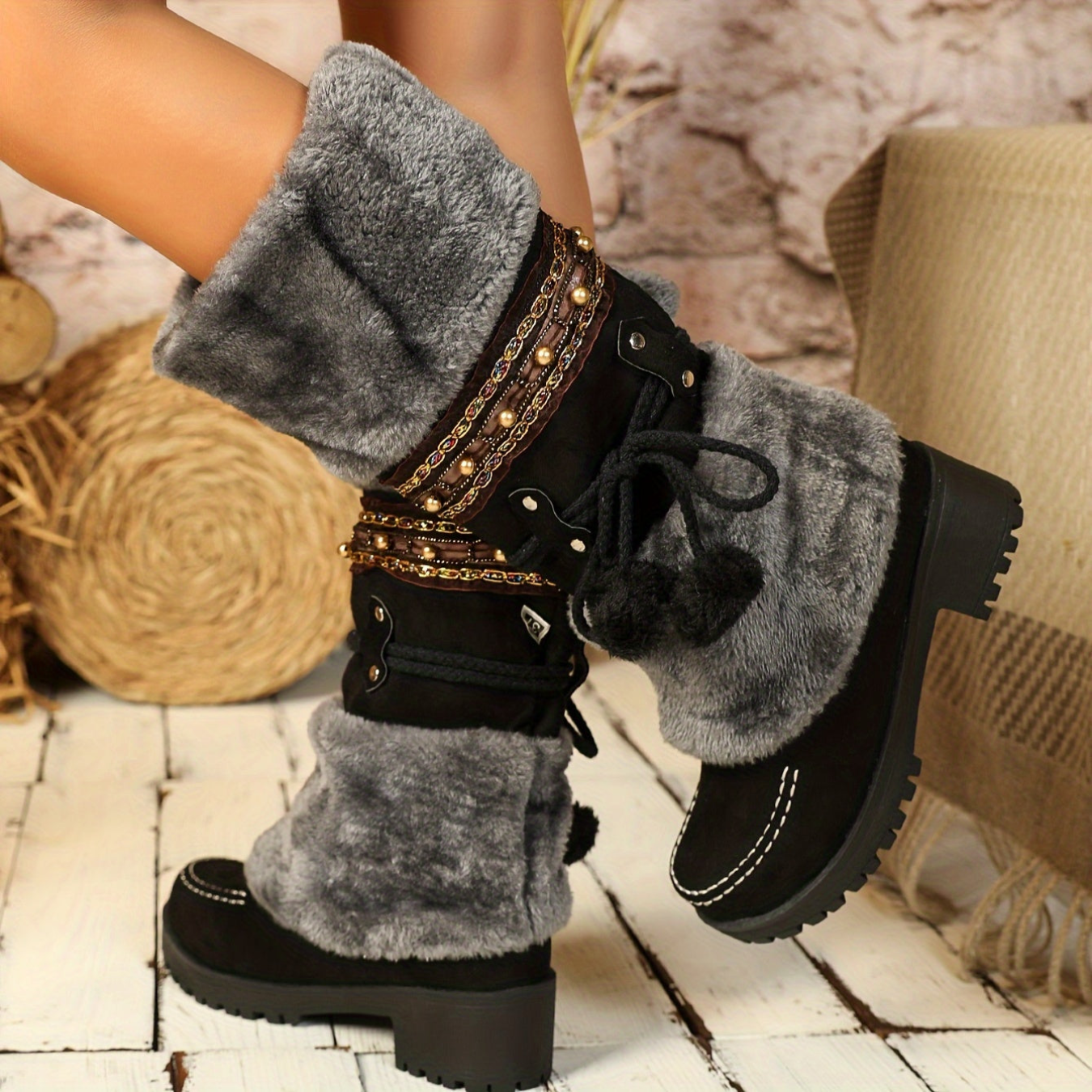 Women's brown winter boots with faux fur, decorative straps & pom-poms