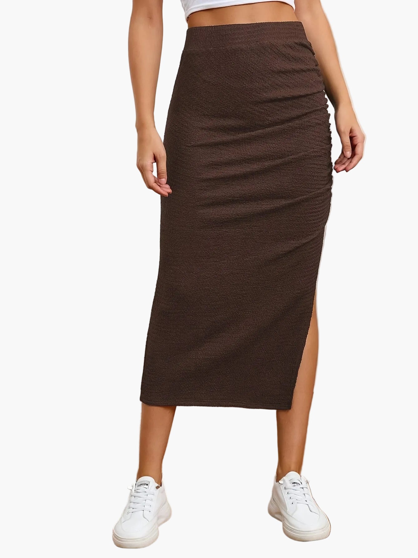 Women's Elegant Midi Skirt with Slit and Ruching – Perfect for Everyday and Leisure