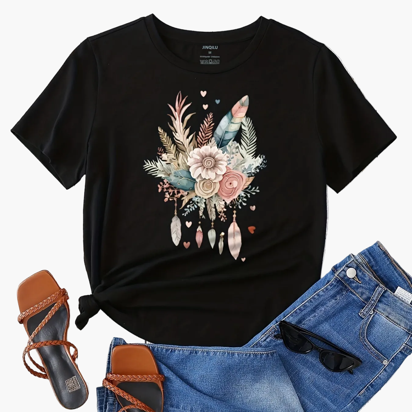 Women's T-Shirt with Floral Feather Graphic – Casual Summer Style
